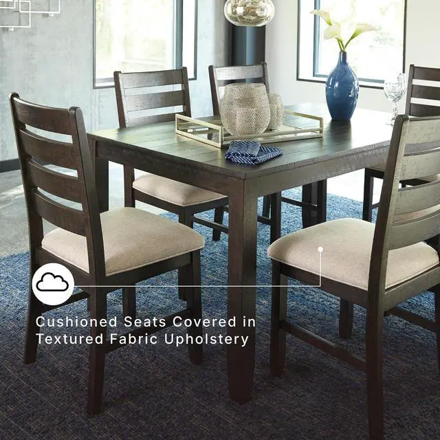 Alt view image 4 of 6 - Rokane 7-Piece Dining Room Table Set with 6 Upholstered Chairs - Brown Wood 20" Rectangular Table & Chair Set for Kitchen Dining Room