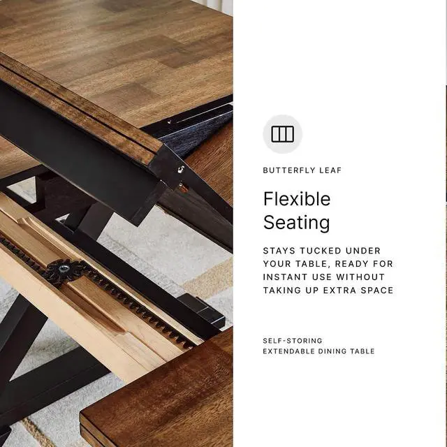 Alt view image 7 of 7 - Wildenauer Dining Extension Table, 18" Self-Storing Butterfly Leaf, Hardwood Solids, Mango Veneer & MDF Substrate, Seats 6 to 8 for Kitchens, Black & Dark Brown, 78"