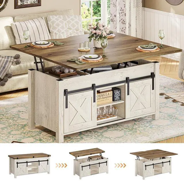 Main image of Lift Top Coffee Table, 4 in 1 Multi-Function Convertible Coffee Tables with Storage and Hidden Compartment, Farmhouse Coffee Table Converts to Dining Table for Living Room, Brown Top