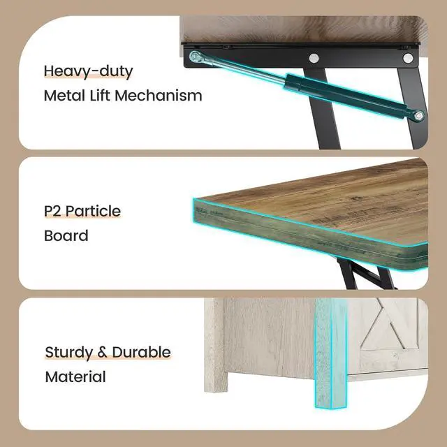 Alt view image 5 of 7 - Lift Top Coffee Table, 4 in 1 Multi-Function Convertible Coffee Tables with Storage and Hidden Compartment, Farmhouse Coffee Table Converts to Dining Table for Living Room, Brown Top