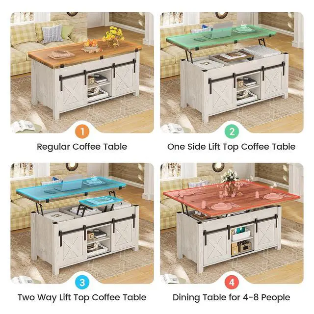 Alt view image 6 of 7 - Lift Top Coffee Table, 4 in 1 Multi-Function Convertible Coffee Tables with Storage and Hidden Compartment, Farmhouse Coffee Table Converts to Dining Table for Living Room, Brown Top