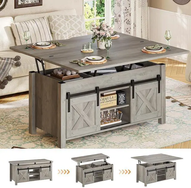 Main image of Lift Top Coffee Table, 4 in 1 Multi-Function Convertible Coffee Tables with Storage and Hidden Compartment, Farmhouse Coffee Table Converts to Dining Table for Living Room, Grey