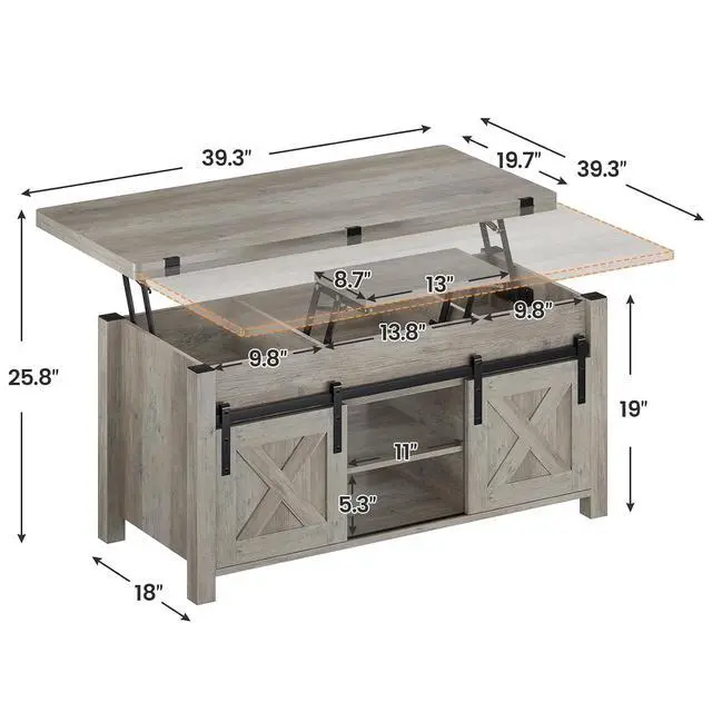 Alt view image 3 of 7 - Lift Top Coffee Table, 4 in 1 Multi-Function Convertible Coffee Tables with Storage and Hidden Compartment, Farmhouse Coffee Table Converts to Dining Table for Living Room, Grey