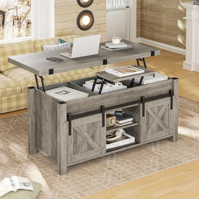 Alt view image 2 of 7 - Lift Top Coffee Table, 4 in 1 Multi-Function Convertible Coffee Tables with Storage and Hidden Compartment, Farmhouse Coffee Table Converts to Dining Table for Living Room, Grey