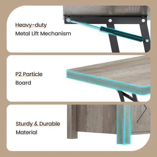Alt view image 6 of 7 - Lift Top Coffee Table, 4 in 1 Multi-Function Convertible Coffee Tables with Storage and Hidden Compartment, Farmhouse Coffee Table Converts to Dining Table for Living Room, Grey