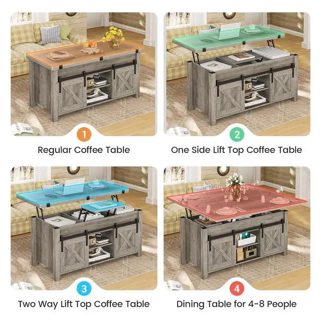 Alt view image 4 of 7 - Lift Top Coffee Table, 4 in 1 Multi-Function Convertible Coffee Tables with Storage and Hidden Compartment, Farmhouse Coffee Table Converts to Dining Table for Living Room, Grey