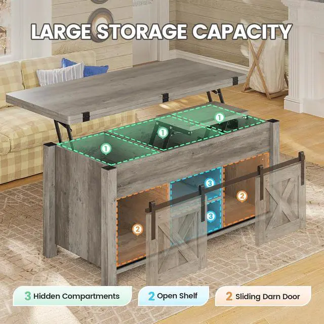 Alt view image 5 of 7 - Lift Top Coffee Table, 4 in 1 Multi-Function Convertible Coffee Tables with Storage and Hidden Compartment, Farmhouse Coffee Table Converts to Dining Table for Living Room, Grey
