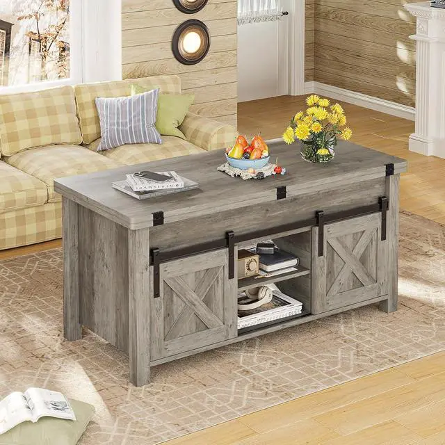 Alt view image 7 of 7 - Lift Top Coffee Table, 4 in 1 Multi-Function Convertible Coffee Tables with Storage and Hidden Compartment, Farmhouse Coffee Table Converts to Dining Table for Living Room, Grey