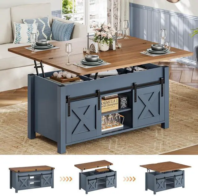 Main image of Lift Top Coffee Table, 4 in 1 Multi-Function Convertible Coffee Tables with Storage and Hidden Compartment, Farmhouse Coffee Table Converts to Dining Table for Living Room, Blue