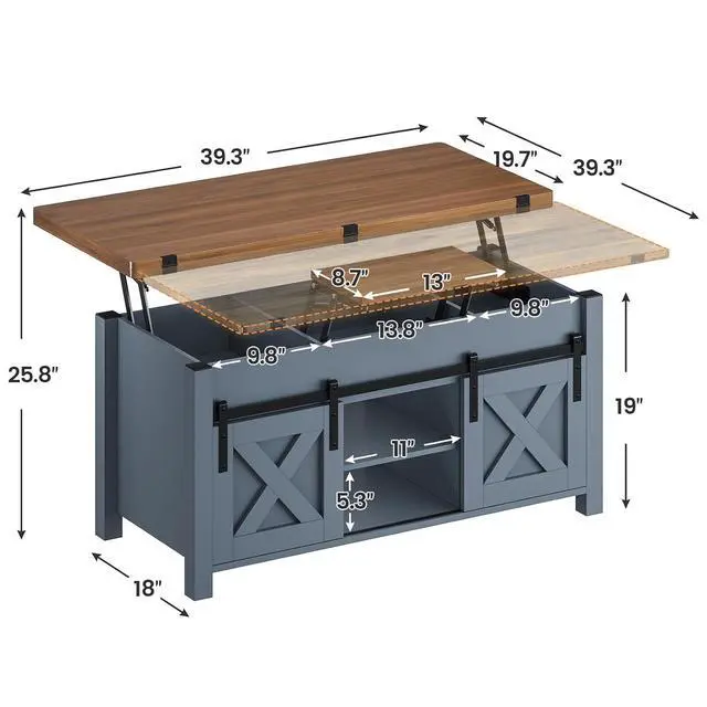 Alt view image 3 of 7 - Lift Top Coffee Table, 4 in 1 Multi-Function Convertible Coffee Tables with Storage and Hidden Compartment, Farmhouse Coffee Table Converts to Dining Table for Living Room, Blue