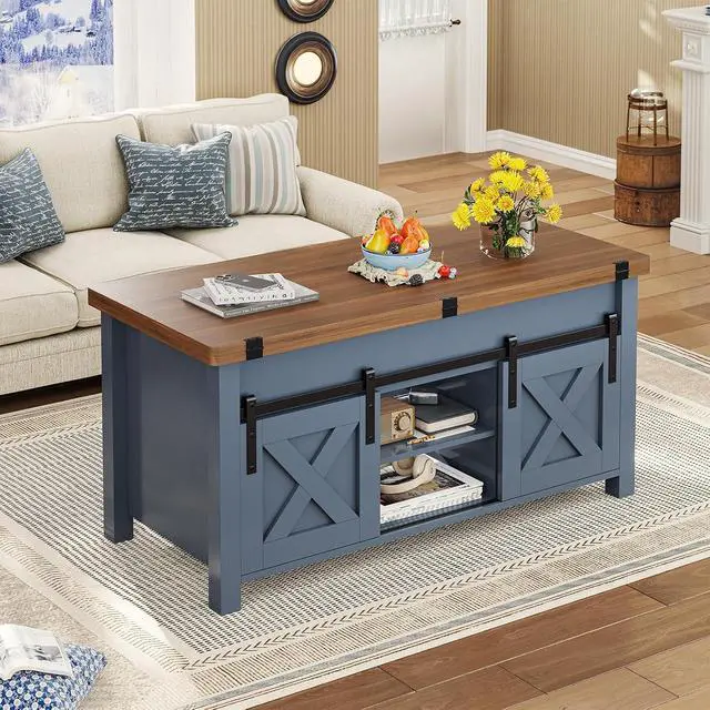 Alt view image 2 of 7 - Lift Top Coffee Table, 4 in 1 Multi-Function Convertible Coffee Tables with Storage and Hidden Compartment, Farmhouse Coffee Table Converts to Dining Table for Living Room, Blue