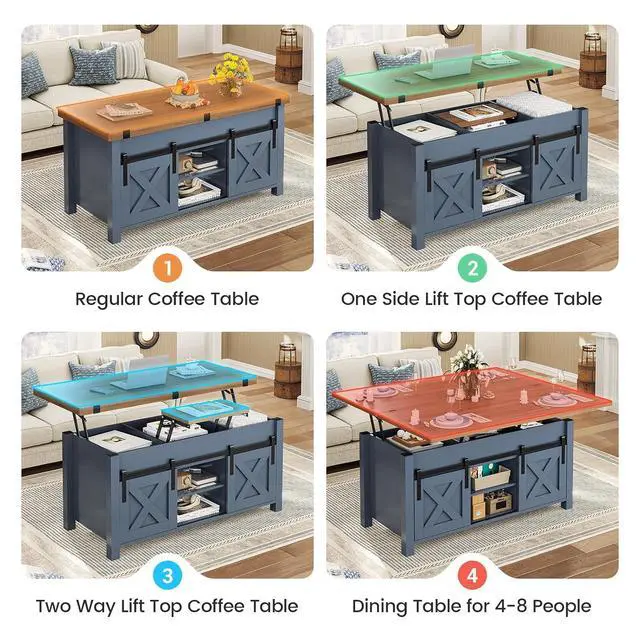 Alt view image 4 of 7 - Lift Top Coffee Table, 4 in 1 Multi-Function Convertible Coffee Tables with Storage and Hidden Compartment, Farmhouse Coffee Table Converts to Dining Table for Living Room, Blue