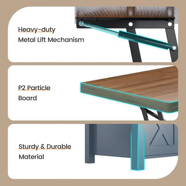 Alt view image 6 of 7 - Lift Top Coffee Table, 4 in 1 Multi-Function Convertible Coffee Tables with Storage and Hidden Compartment, Farmhouse Coffee Table Converts to Dining Table for Living Room, Blue
