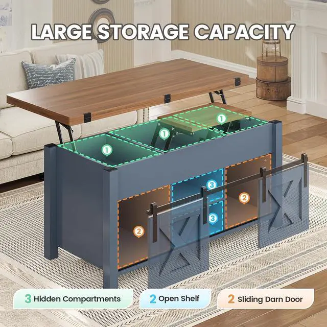 Alt view image 5 of 7 - Lift Top Coffee Table, 4 in 1 Multi-Function Convertible Coffee Tables with Storage and Hidden Compartment, Farmhouse Coffee Table Converts to Dining Table for Living Room, Blue
