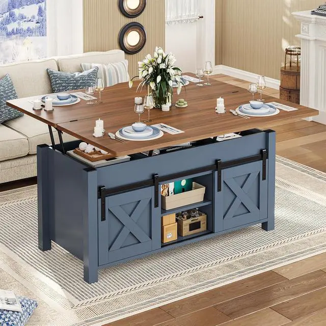 Alt view image 7 of 7 - Lift Top Coffee Table, 4 in 1 Multi-Function Convertible Coffee Tables with Storage and Hidden Compartment, Farmhouse Coffee Table Converts to Dining Table for Living Room, Blue