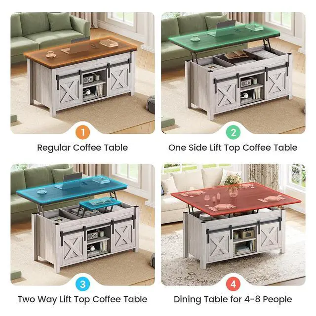 Alt view image 3 of 7 - Lift Top Coffee Table, 4 in 1 Multi-Function Convertible Coffee Tables with Storage and Hidden Compartment, Farmhouse Coffee Table Converts to Dining Table for Living Room, Vintage White