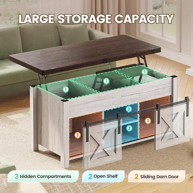Alt view image 4 of 7 - Lift Top Coffee Table, 4 in 1 Multi-Function Convertible Coffee Tables with Storage and Hidden Compartment, Farmhouse Coffee Table Converts to Dining Table for Living Room, Vintage White