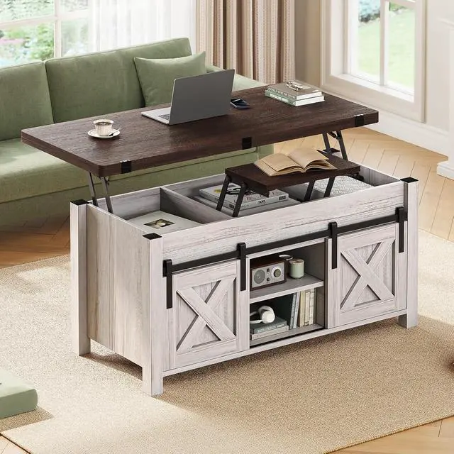 Alt view image 6 of 7 - Lift Top Coffee Table, 4 in 1 Multi-Function Convertible Coffee Tables with Storage and Hidden Compartment, Farmhouse Coffee Table Converts to Dining Table for Living Room, Vintage White