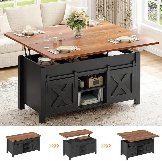 Main image of Lift Top Coffee Table, 4 in 1 Multi-Function Convertible Coffee Tables with Storage and Hidden Compartment, Farmhouse Coffee Table Converts to Dining Table for Living Room, Black Brown