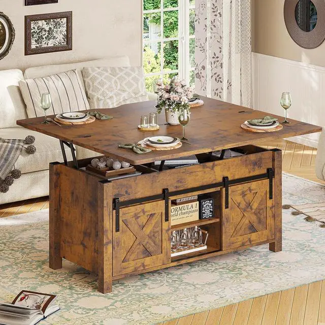 Main image of Lift Top Coffee Table, 4 in 1 Convertible Coffee Tables with Storage and Hidden Compartment for Living Room, Farmhouse Coffee Table Converts to Dining Table, Dining Reception Room, Rustic Brown