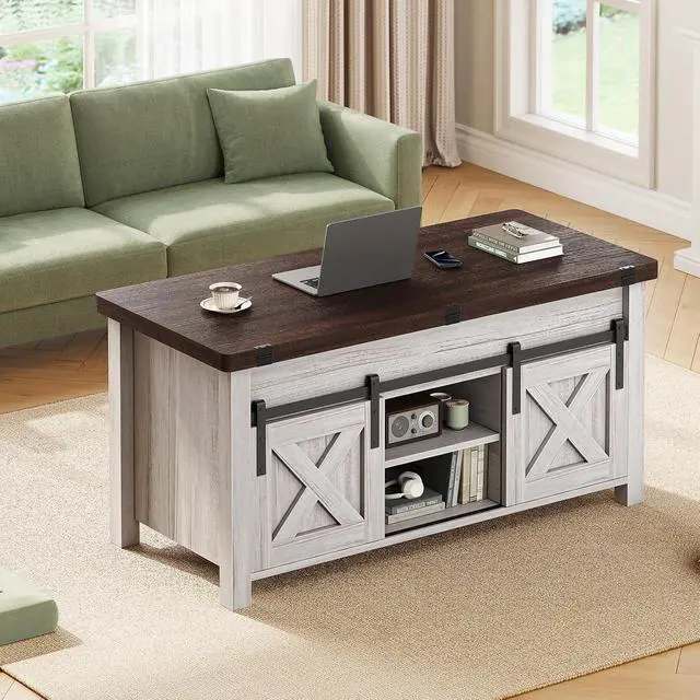 Alt view image 7 of 7 - Lift Top Coffee Table, 4 in 1 Multi-Function Convertible Coffee Tables with Storage and Hidden Compartment, Farmhouse Coffee Table Converts to Dining Table for Living Room, Vintage White