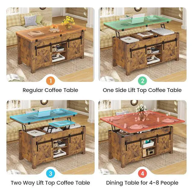 Alt view image 3 of 7 - Lift Top Coffee Table, 4 in 1 Convertible Coffee Tables with Storage and Hidden Compartment for Living Room, Farmhouse Coffee Table Converts to Dining Table, Dining Reception Room, Rustic Brown