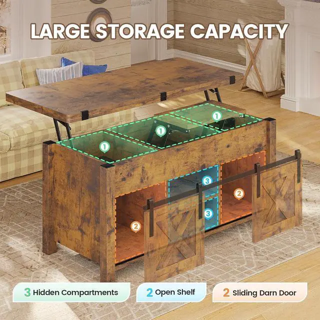Alt view image 4 of 7 - Lift Top Coffee Table, 4 in 1 Convertible Coffee Tables with Storage and Hidden Compartment for Living Room, Farmhouse Coffee Table Converts to Dining Table, Dining Reception Room, Rustic Brown
