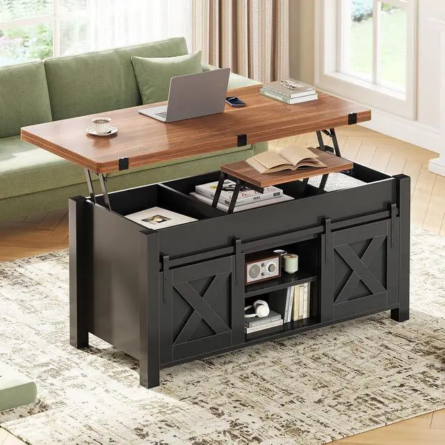Alt view image 2 of 7 - Lift Top Coffee Table, 4 in 1 Multi-Function Convertible Coffee Tables with Storage and Hidden Compartment, Farmhouse Coffee Table Converts to Dining Table for Living Room, Black Brown