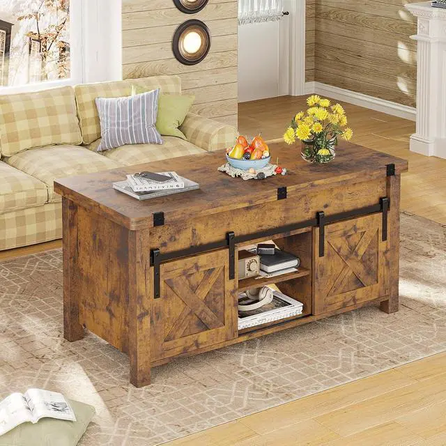 Alt view image 6 of 7 - Lift Top Coffee Table, 4 in 1 Convertible Coffee Tables with Storage and Hidden Compartment for Living Room, Farmhouse Coffee Table Converts to Dining Table, Dining Reception Room, Rustic Brown