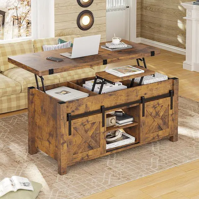 Alt view image 7 of 7 - Lift Top Coffee Table, 4 in 1 Convertible Coffee Tables with Storage and Hidden Compartment for Living Room, Farmhouse Coffee Table Converts to Dining Table, Dining Reception Room, Rustic Brown
