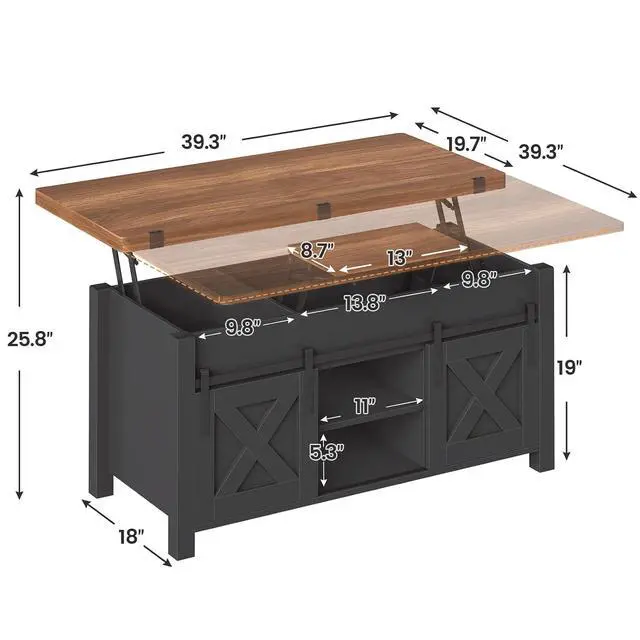 Alt view image 3 of 7 - Lift Top Coffee Table, 4 in 1 Multi-Function Convertible Coffee Tables with Storage and Hidden Compartment, Farmhouse Coffee Table Converts to Dining Table for Living Room, Black Brown