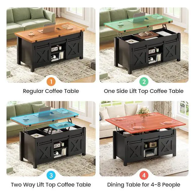 Alt view image 4 of 7 - Lift Top Coffee Table, 4 in 1 Multi-Function Convertible Coffee Tables with Storage and Hidden Compartment, Farmhouse Coffee Table Converts to Dining Table for Living Room, Black Brown