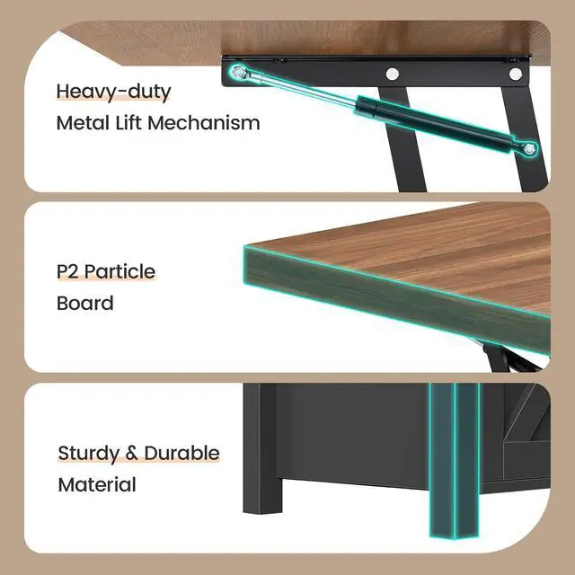 Alt view image 6 of 7 - Lift Top Coffee Table, 4 in 1 Multi-Function Convertible Coffee Tables with Storage and Hidden Compartment, Farmhouse Coffee Table Converts to Dining Table for Living Room, Black Brown