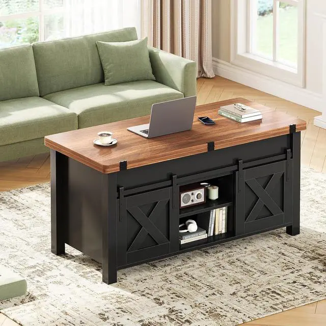 Alt view image 7 of 7 - Lift Top Coffee Table, 4 in 1 Multi-Function Convertible Coffee Tables with Storage and Hidden Compartment, Farmhouse Coffee Table Converts to Dining Table for Living Room, Black Brown