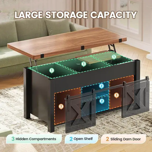 Alt view image 5 of 7 - Lift Top Coffee Table, 4 in 1 Multi-Function Convertible Coffee Tables with Storage and Hidden Compartment, Farmhouse Coffee Table Converts to Dining Table for Living Room, Black Brown