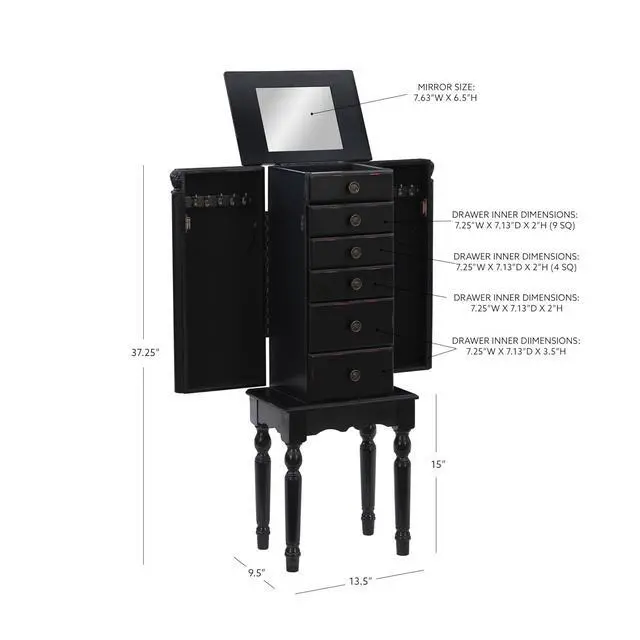 Alt view image 3 of 7 - Ebony Jewelry Armoire, Distressed Ebony Black; Black Lining