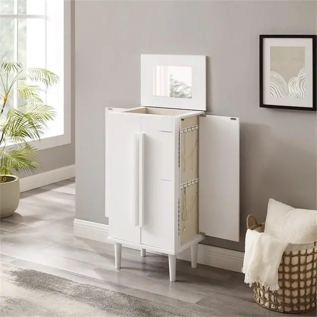 Alt view image 2 of 7 - 7-Drawer Jewelry Armoire, Wood Construction, Flip Top Vanity Mirror, White Finish, 38" H x 18" W x 13.25" D, Felt-Lined Drawers, Side Panels with Hooks, Compact Design for Jewelry