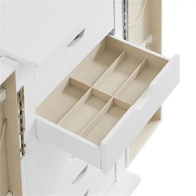 Alt view image 3 of 7 - 7-Drawer Jewelry Armoire, Wood Construction, Flip Top Vanity Mirror, White Finish, 38" H x 18" W x 13.25" D, Felt-Lined Drawers, Side Panels with Hooks, Compact Design for Jewelry