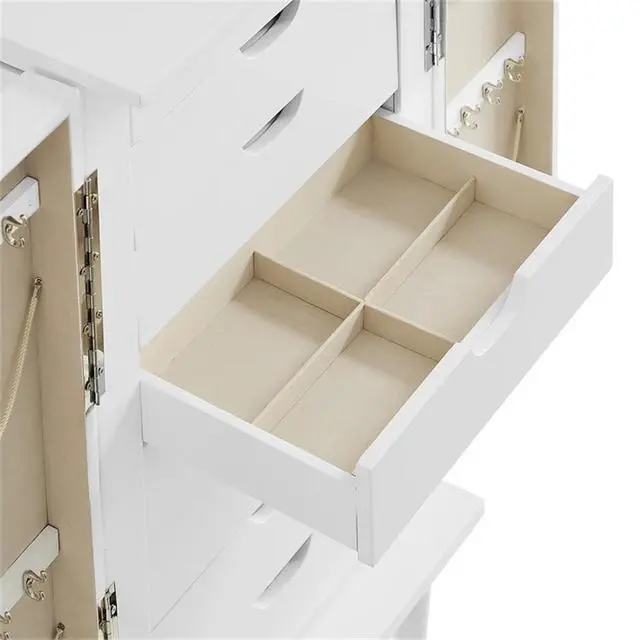 Alt view image 5 of 7 - 7-Drawer Jewelry Armoire, Wood Construction, Flip Top Vanity Mirror, White Finish, 38" H x 18" W x 13.25" D, Felt-Lined Drawers, Side Panels with Hooks, Compact Design for Jewelry