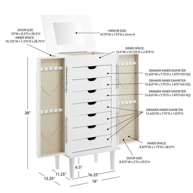Alt view image 6 of 7 - 7-Drawer Jewelry Armoire, Wood Construction, Flip Top Vanity Mirror, White Finish, 38" H x 18" W x 13.25" D, Felt-Lined Drawers, Side Panels with Hooks, Compact Design for Jewelry