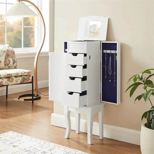 Alt view image 4 of 7 - 4-Drawer Wood Jewelry Armoire, White and Blue Finish, Flip Top Vanity Mirror, Felt-Lined Storage, Modern Coastal Style, 35.5" H x 13" W x 9.5" D, Compact Organizer for Chains, Bracelets,
