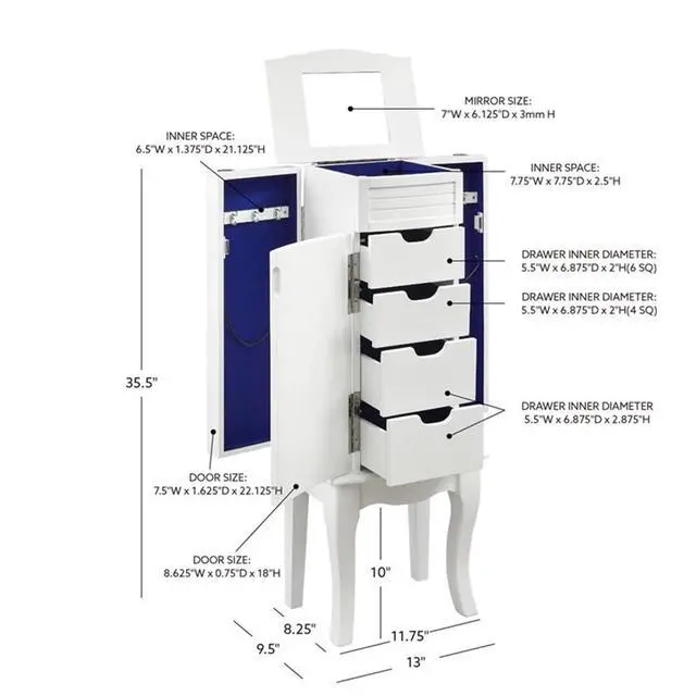 Alt view image 6 of 7 - 4-Drawer Wood Jewelry Armoire, White and Blue Finish, Flip Top Vanity Mirror, Felt-Lined Storage, Modern Coastal Style, 35.5" H x 13" W x 9.5" D, Compact Organizer for Chains, Bracelets,
