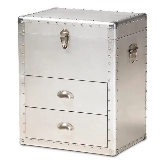 Main image of 2-Drawer Mid-Century Metal Accent Storage Chest, 23.23 in H x 19.09 in W x 13.98 in D, Wood and Metal Construction, Silver Finish, Lift-Top Compartment, Rivet Embellishments for Living