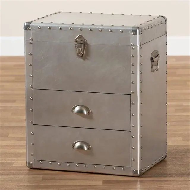 Alt view image 2 of 7 - 2-Drawer Mid-Century Metal Accent Storage Chest, 23.23 in H x 19.09 in W x 13.98 in D, Wood and Metal Construction, Silver Finish, Lift-Top Compartment, Rivet Embellishments for Living