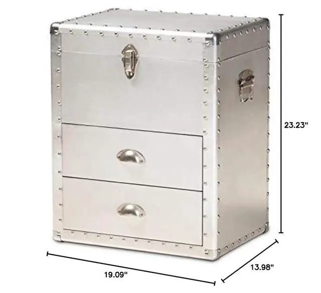 Alt view image 3 of 7 - 2-Drawer Mid-Century Metal Accent Storage Chest, 23.23 in H x 19.09 in W x 13.98 in D, Wood and Metal Construction, Silver Finish, Lift-Top Compartment, Rivet Embellishments for Living