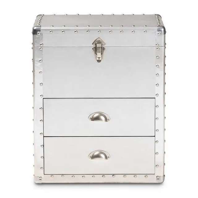 Alt view image 4 of 7 - 2-Drawer Mid-Century Metal Accent Storage Chest, 23.23 in H x 19.09 in W x 13.98 in D, Wood and Metal Construction, Silver Finish, Lift-Top Compartment, Rivet Embellishments for Living