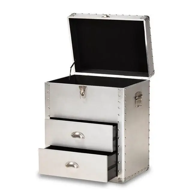 Alt view image 5 of 7 - 2-Drawer Mid-Century Metal Accent Storage Chest, 23.23 in H x 19.09 in W x 13.98 in D, Wood and Metal Construction, Silver Finish, Lift-Top Compartment, Rivet Embellishments for Living