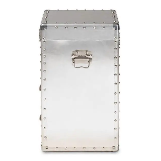 Alt view image 6 of 7 - 2-Drawer Mid-Century Metal Accent Storage Chest, 23.23 in H x 19.09 in W x 13.98 in D, Wood and Metal Construction, Silver Finish, Lift-Top Compartment, Rivet Embellishments for Living