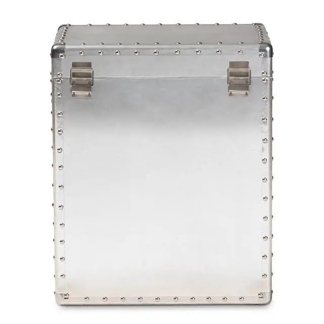 Alt view image 7 of 7 - 2-Drawer Mid-Century Metal Accent Storage Chest, 23.23 in H x 19.09 in W x 13.98 in D, Wood and Metal Construction, Silver Finish, Lift-Top Compartment, Rivet Embellishments for Living