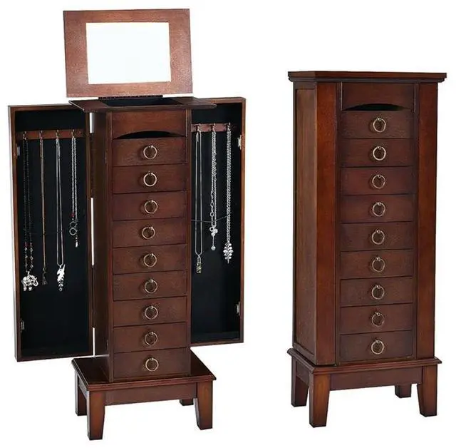 Main image of Jewelry Cabinet, 40" Tall MDF and Glass Construction, Walnut Finish, 6 Drawers, Side Doors with Necklace Hooks, Partitioned Top with Mirror, Vintage Hardware, Bedroom or Dressing Room